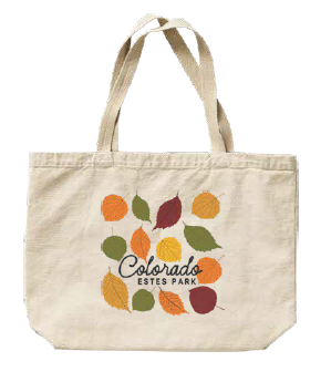 A catalog-style product image showing a canvas tote bag with a printed fall leaf graphic and the words 'Colorado Estes Park.' The top panel shows the printed design on a flat fabric sample, and the bottom panel shows the tote bag itself.