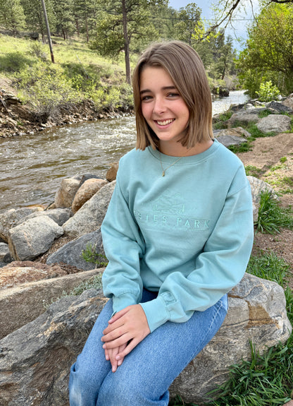 Person wearing a light blue sweatshirt sitting by a river with trees in the background