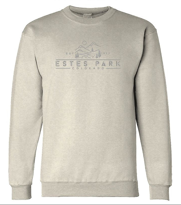 Beige sweatshirt with 'Estes Park' logo on a white background