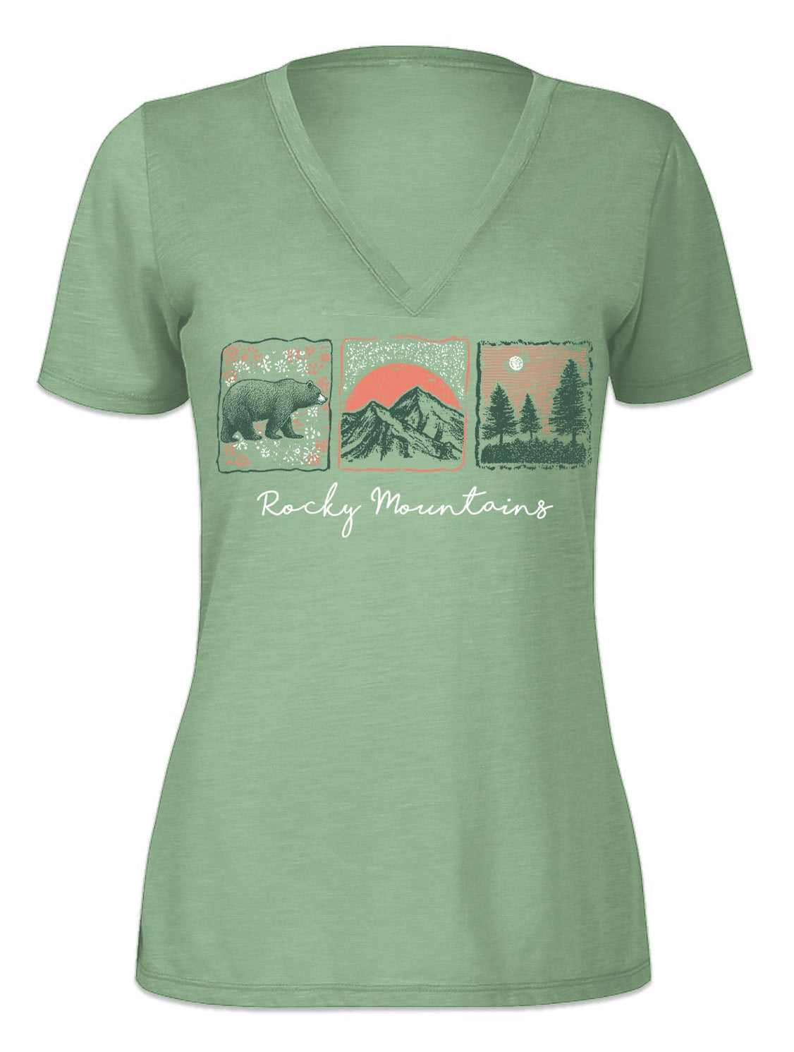 Green t-shirt with 'Rocky Mountains' design featuring a bear, mountain, and trees on a green background.