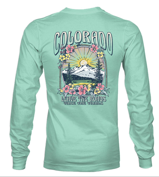 Mint green long-sleeve shirt with 'Colorado' graphic design on a light blue background