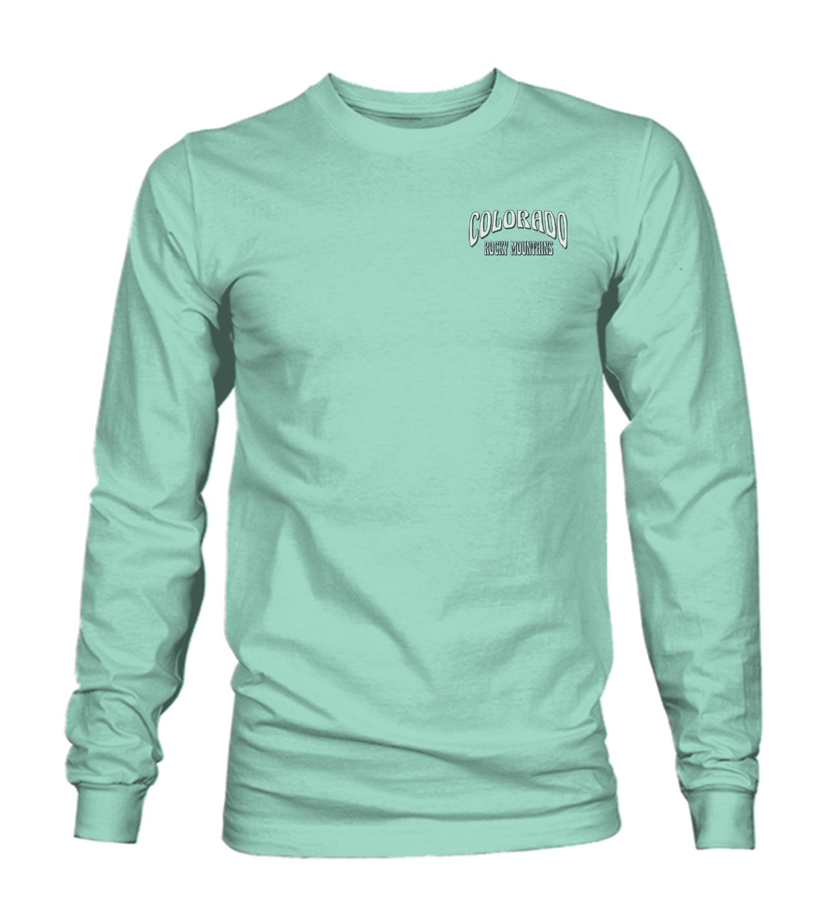 Mint green long-sleeve shirt with 'Colorado' graphic design on a light blue background