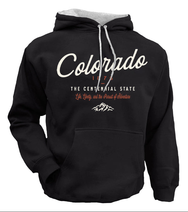 A black pullover hoodie with a white and red graphic print reading 'Colorado 1876 The Centennial State' and a small mountain logo, shown below a matching graphic panel on a dark background.
