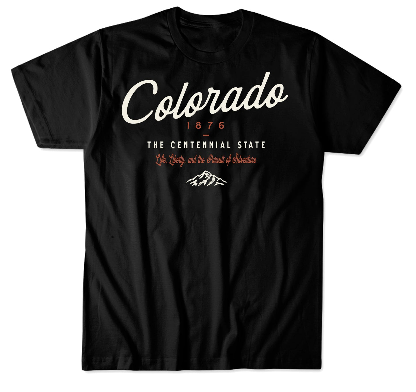 A black short-sleeve graphic T-shirt displayed on a white background below a black informational header. The header reads 'Colorado 1876 The Centennial State' with decorative text and a mountain icon.