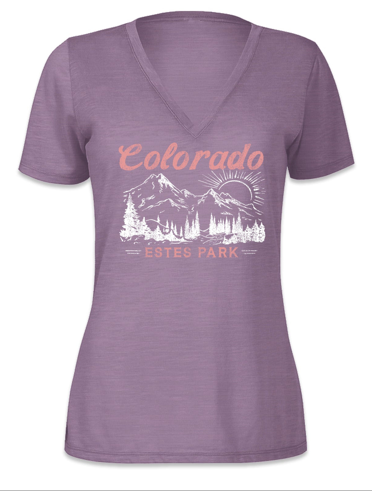 Purple t-shirt with 'Colorado Estes Park' graphic on a white background