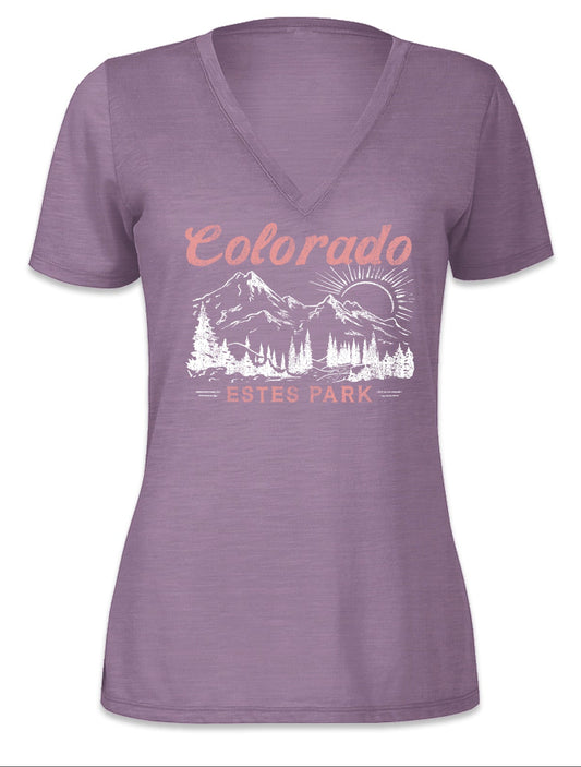 Purple t-shirt with 'Colorado Estes Park' graphic on a white background