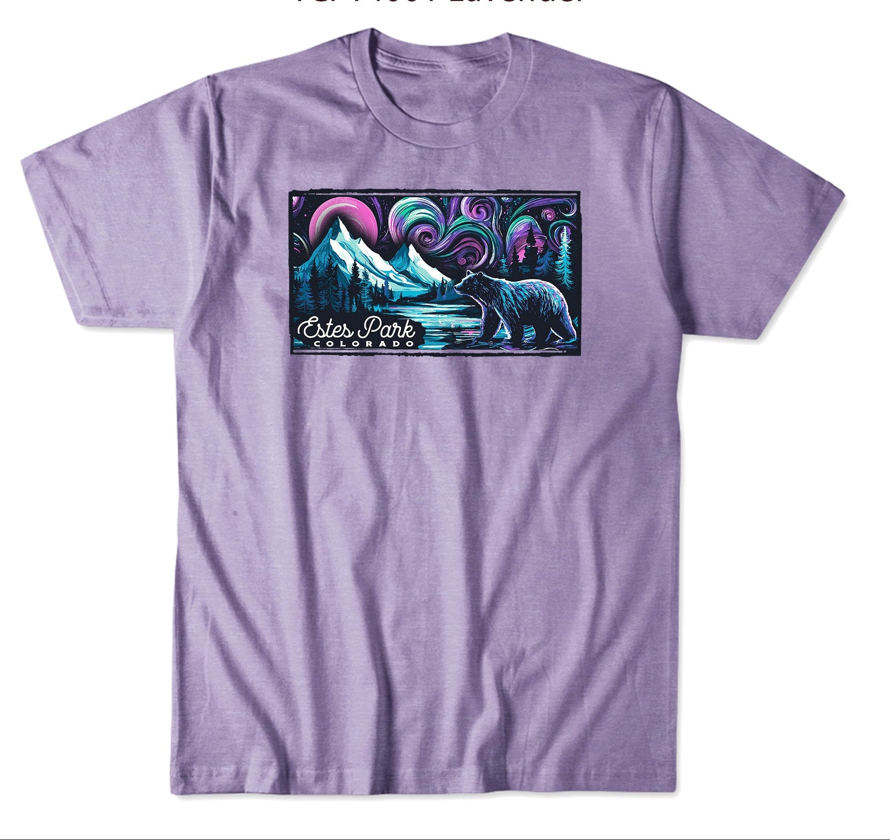 A lavender short-sleeve t-shirt shown on a white background below a matching graphic print preview. The shirt features a rectangular chest graphic with a stylized mountain, bear, trees, and swirling neon sky in purple, teal, black, and white.