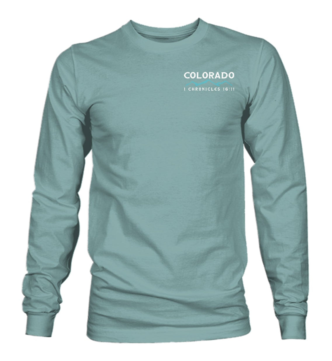Teal long-sleeve shirt with a sun and mountain design and text on a light blue background.