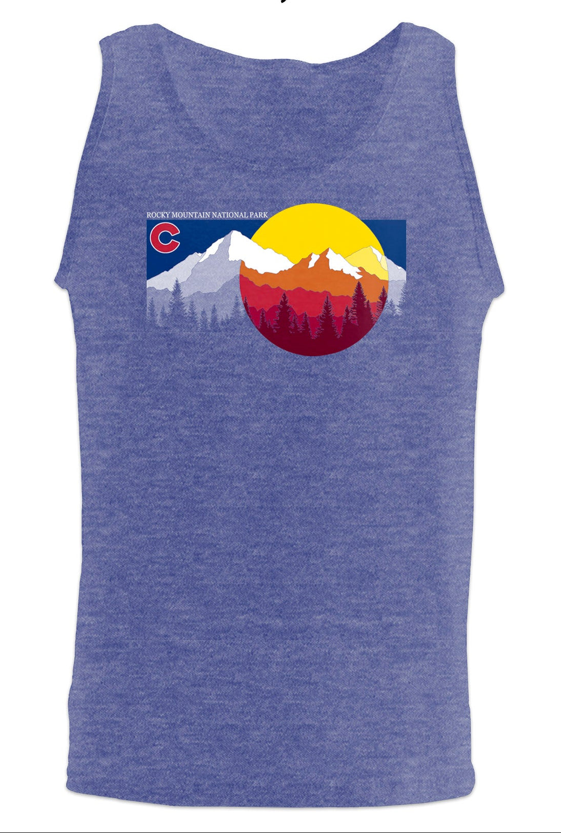 Blue tank top with Rocky Mountain National Park graphic on a white background