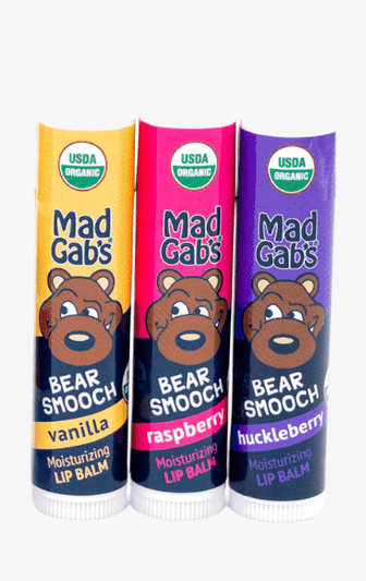Mad Gabs Bear Smooch lip balm packaging with three flavors displayed.
